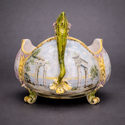 Polychrome maiolica centrepiece with zoomorphic handles