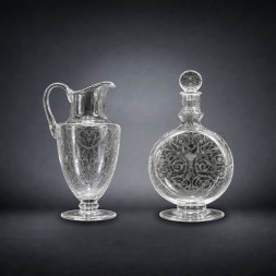 Baccarat, caraffa e bottiglia da liquore “a tamburello”, modello Michelangelo