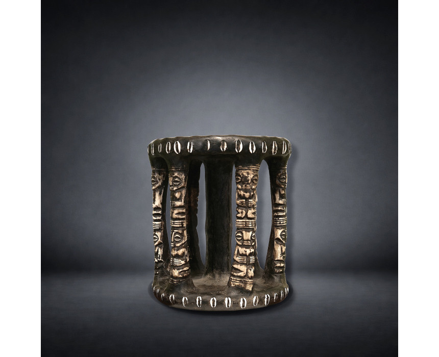 Ceremonial Stool with Anthropomorphic Supports, Cowrie Shells and Coin Inlays