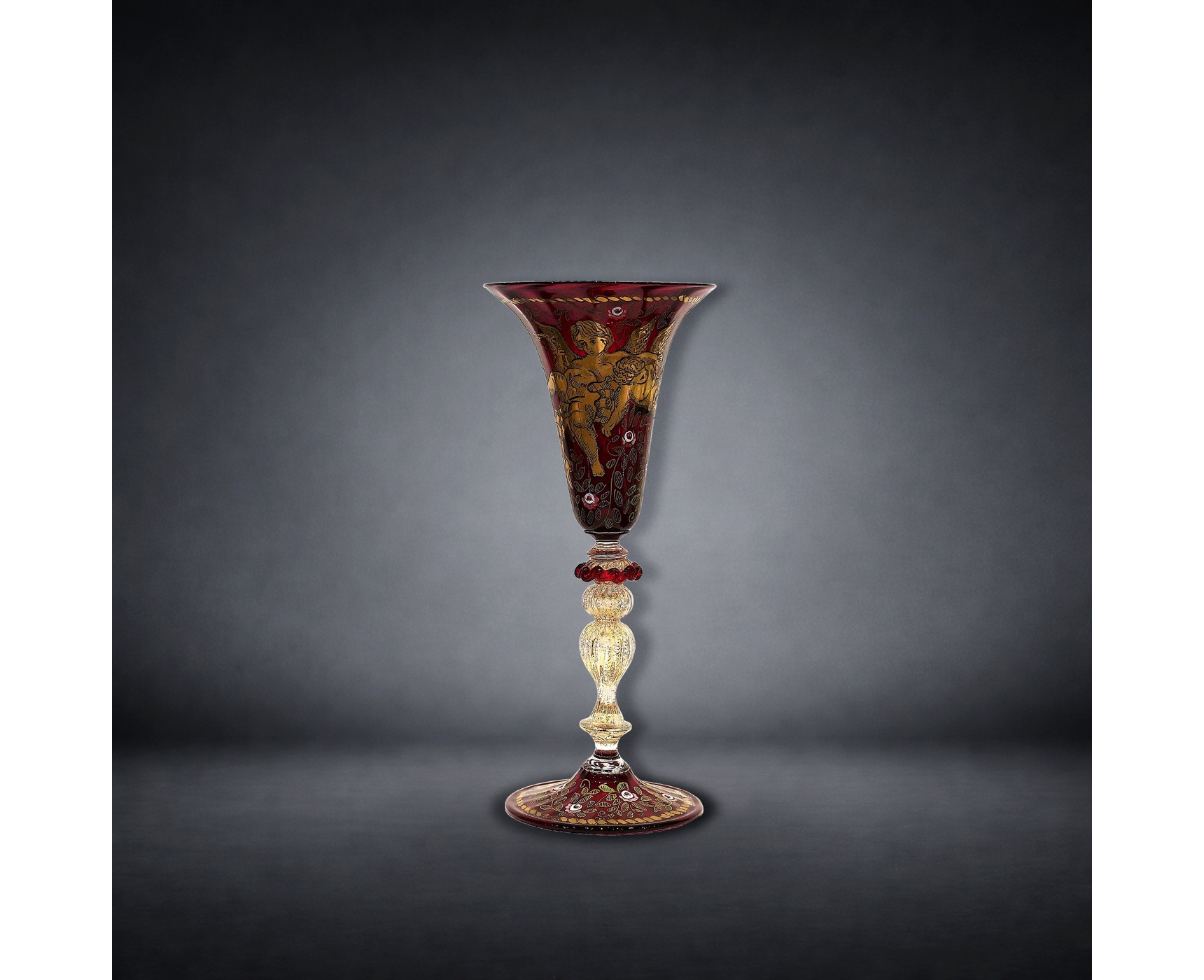 Venetian Ruby Glass Goblet with Winged Putti and Gilded Decoration