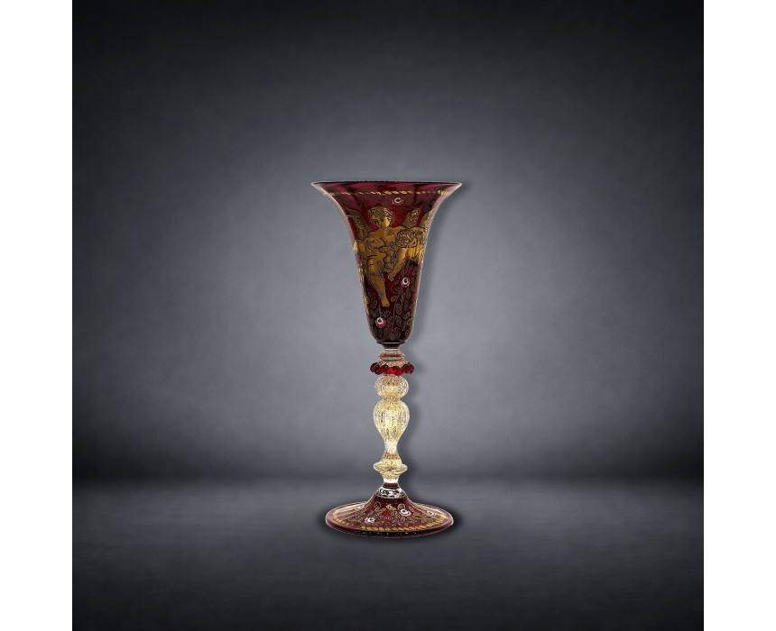 Venetian Ruby Glass Goblet with Winged Putti and Gilded Decoration