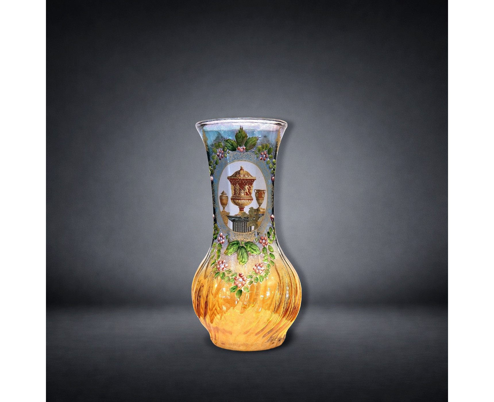 Italian Blown Glass Vase with Pompeian Decoration and Polychrome Enamels