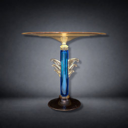 Alzata Murano in Vetro con Stelo Blu e Applicazioni Fogliacee