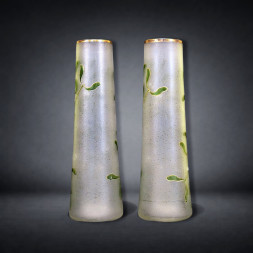 Pair of Art Nouveau Frosted Glass Vases with Mistletoe Decoration