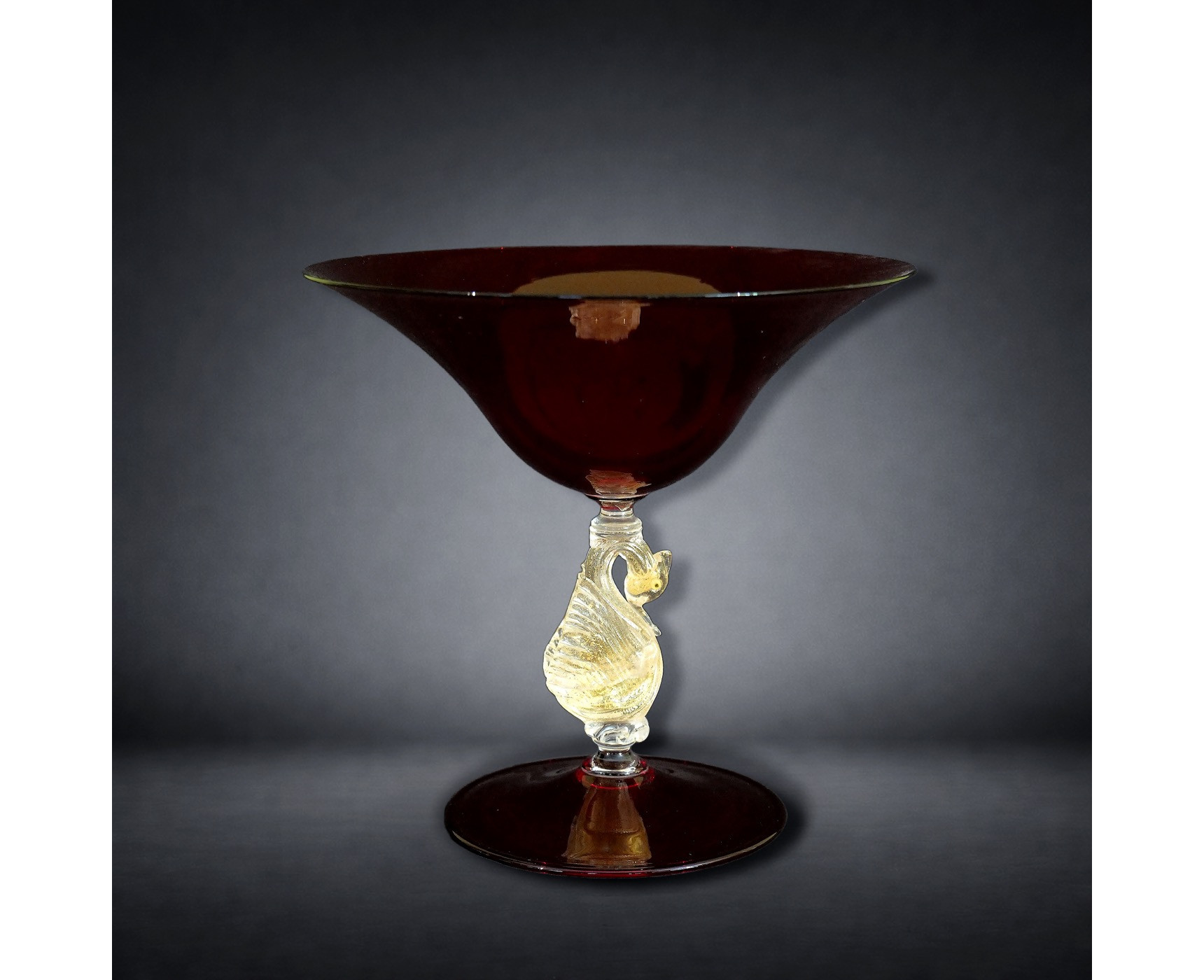 Murano Ruby Glass Centerpiece with Golden Swan